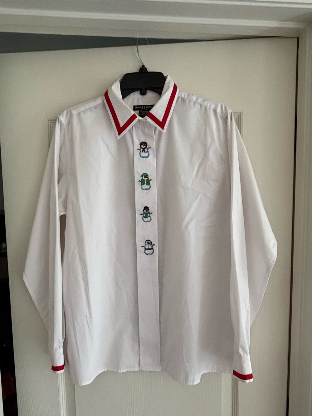 Impressions sz 14 White Shirt Red Grosgrain Trim Snowman embroidery y2k 90s